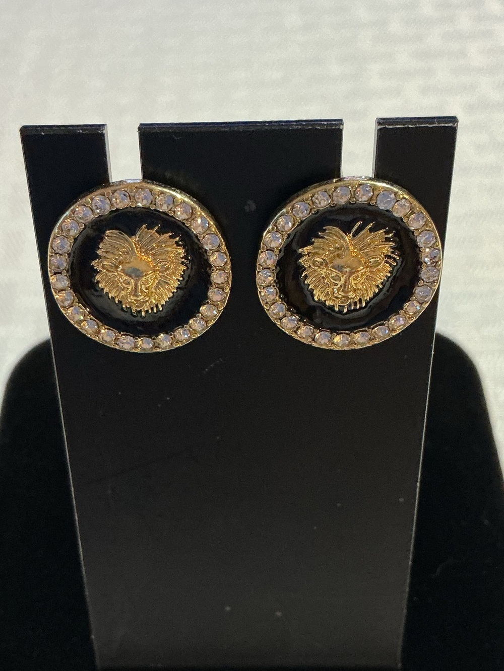 Lion Head Black Enamel Rhinestone Halo Gold Tone Stud Earrings